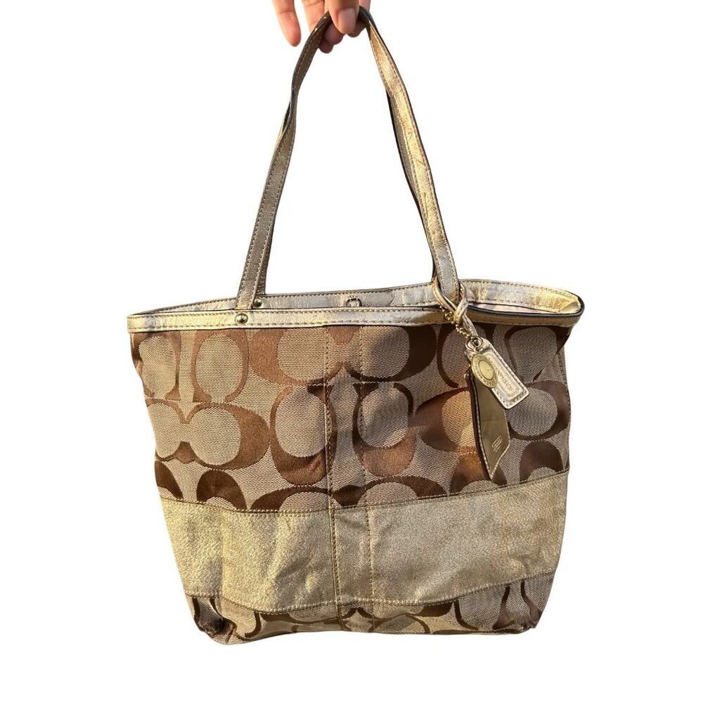 Coach Signature Stripe Tote Khaki Gold Canvas Handbag 10124